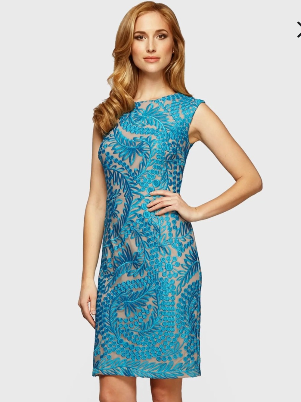 Alex Evenings Teal Blue Embroidered Sheath Cocktail Dress size 14.